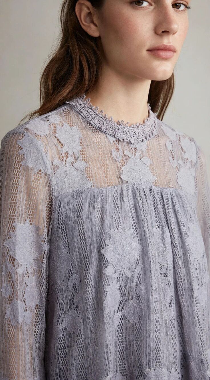 Womens M Gray Lace Floral Embroidered Sheer Keyhole Blouse Crochet Boho Romantic